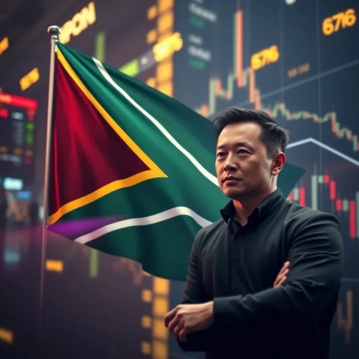South African flag with futuristic financial trading data visuals