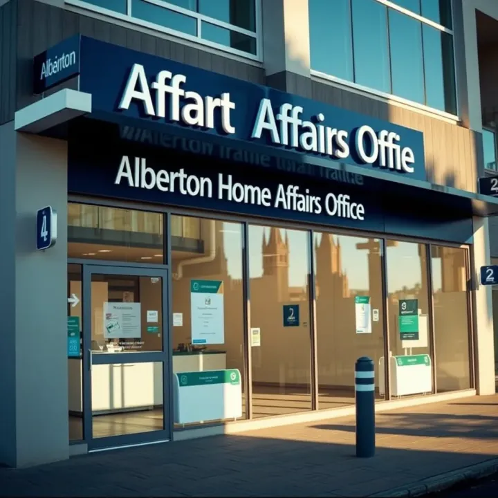 Exterior view of the Alberton Home Affairs office showing the entrance and signage under clear daylight