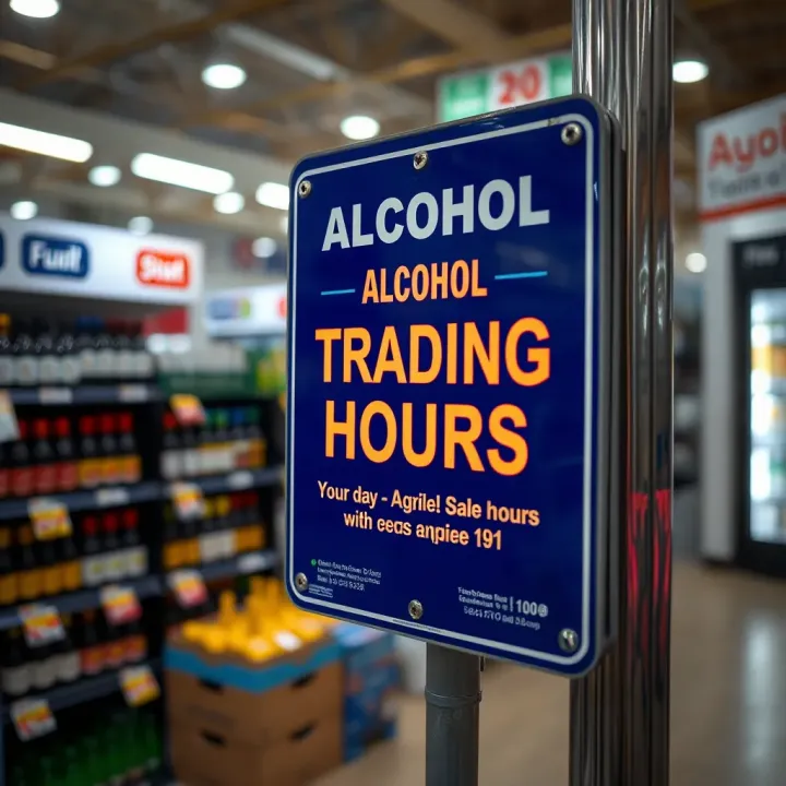 Sign displaying alcohol sale hours regulations in a South African retail environment