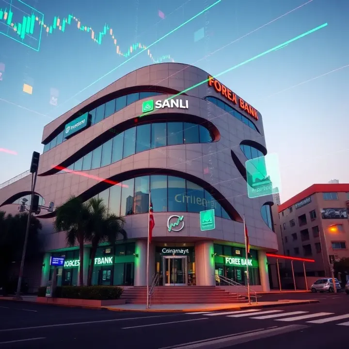 South African Bank Facilitating Forex Trading Platforms Modern South African bank building with forex trading digital interface overlay