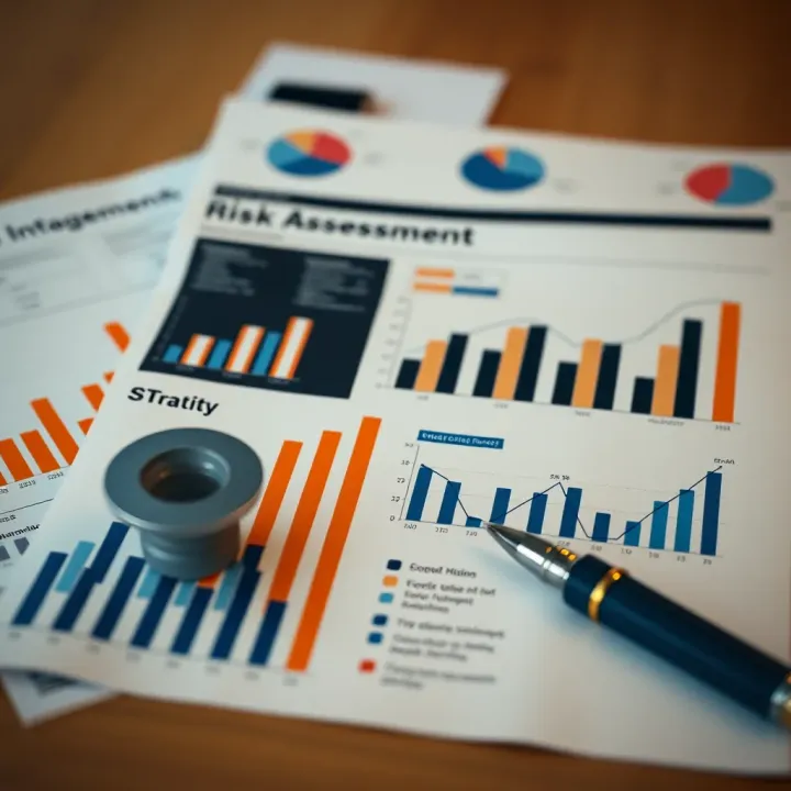 Illustration of risk assessment elements including charts, graphs, and strategic planning documents