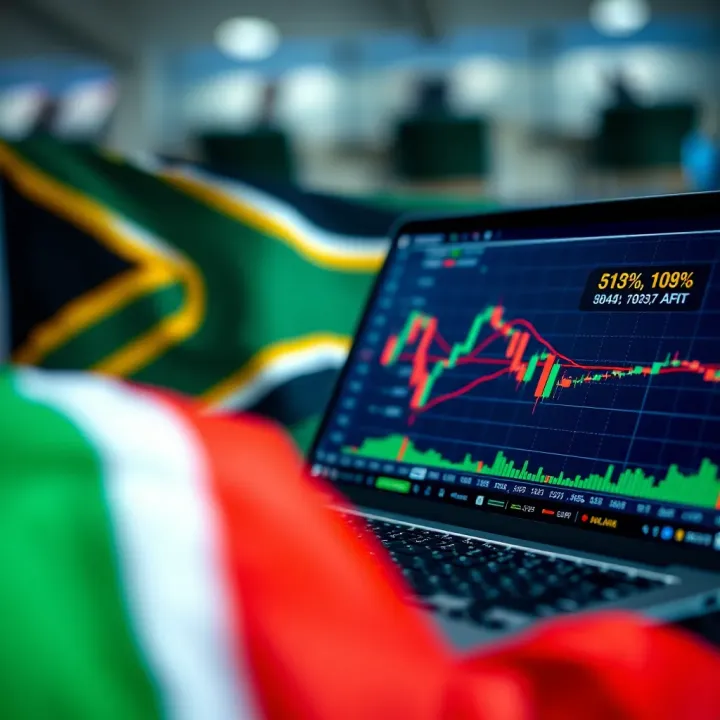 Binary Options Trading Interface with South African Market Context Illustration showing a digital trading interface with binary options charts and a South African flag in the background
