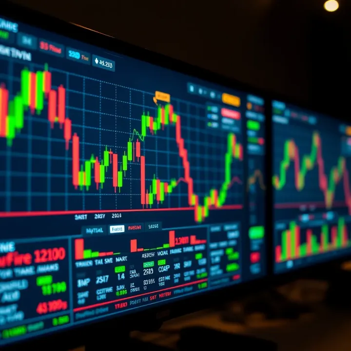 Digital financial charts on a screen depicting binary options trading trends and data