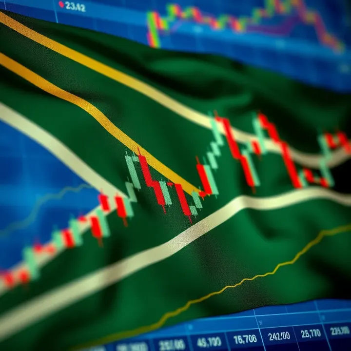 South African flag overlay with financial chart indicating market trends