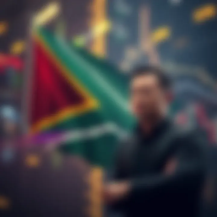 South African flag with futuristic financial trading data visuals