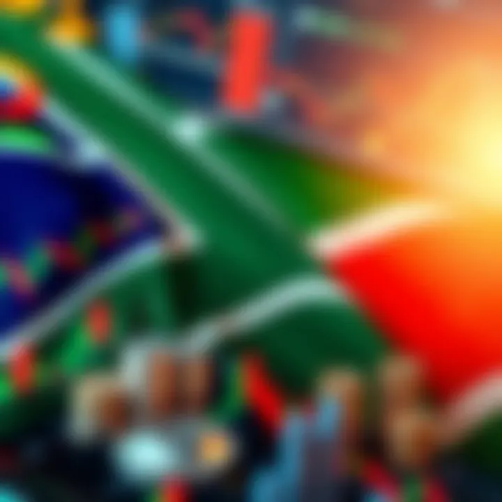 South African flag with forex trading symbols and financial charts