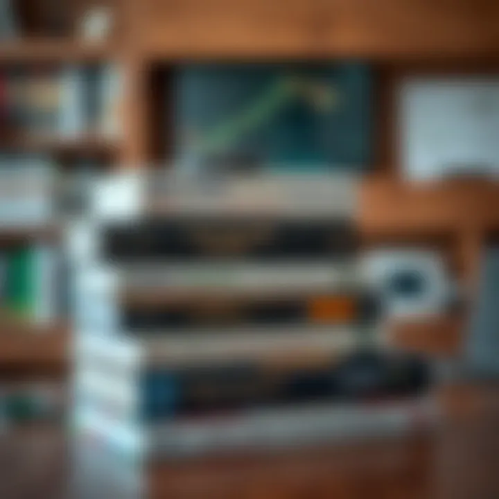 Collection of popular forex trading books stacked on a wooden table