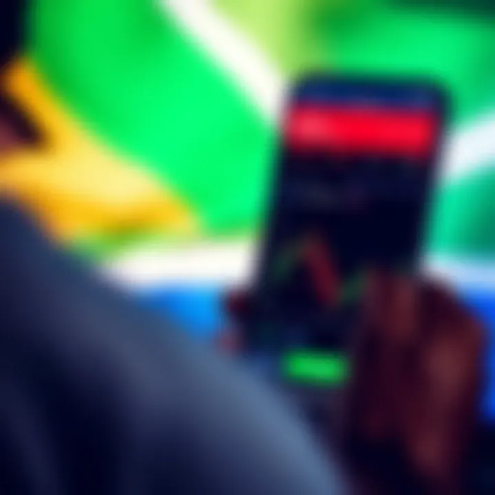 Forex Trading App Interface with South African Market Focus Mobile device displaying forex trading app with South African flag background