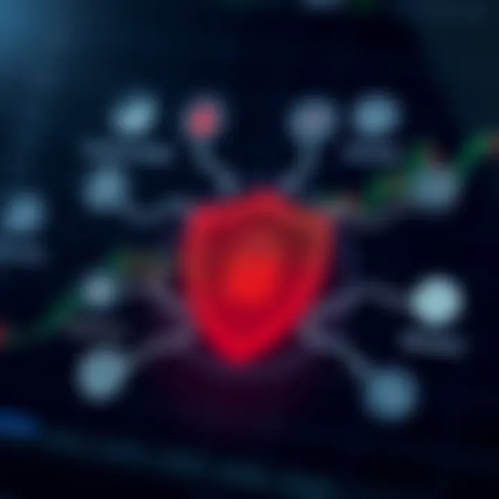 Illustration showcasing secure financial transactions with digital security icons and shield symbol