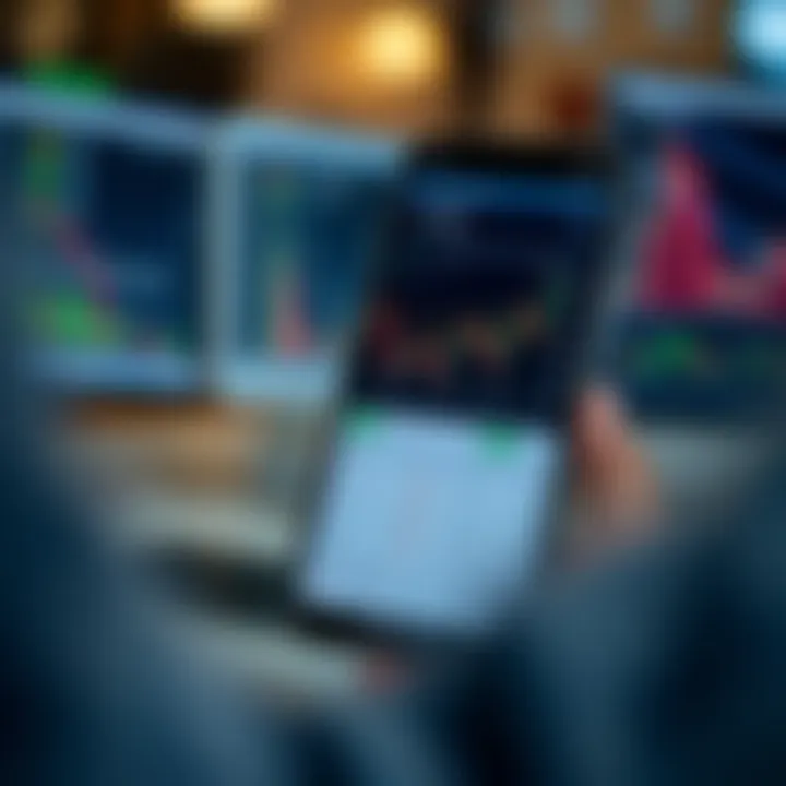 Mobile device displaying forex trading app interface with candlestick charts and currency exchange rates