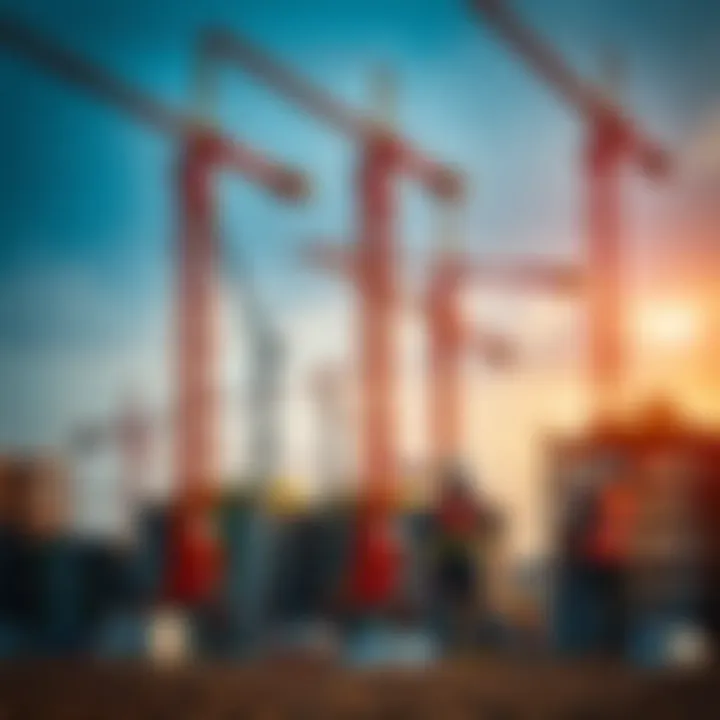 Construction site with cranes and workers assessing project risks