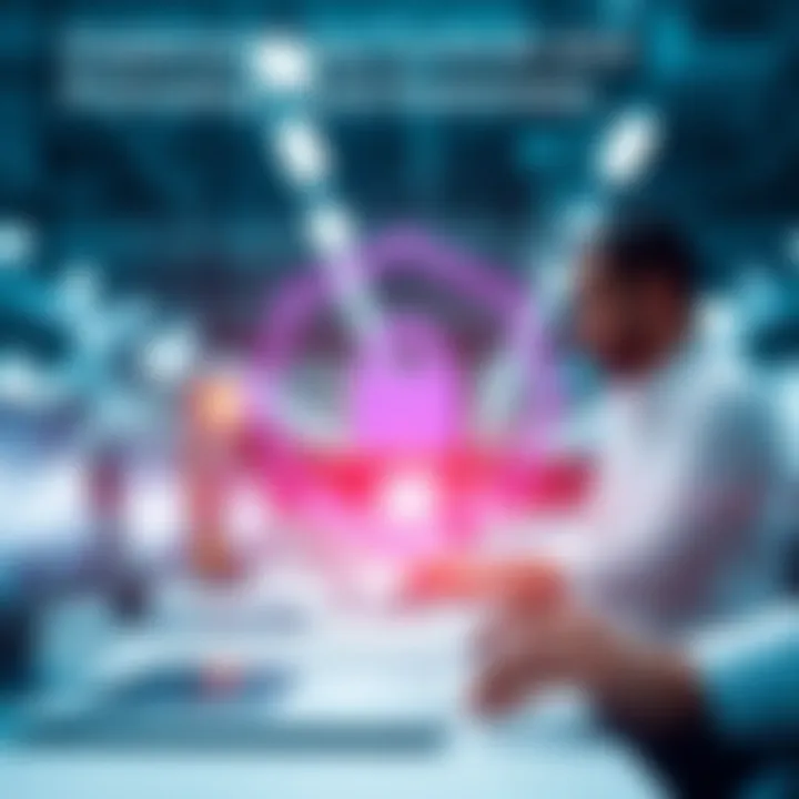 Conceptual graphic depicting cybersecurity measures and employee awareness to prevent fraud in a business environment