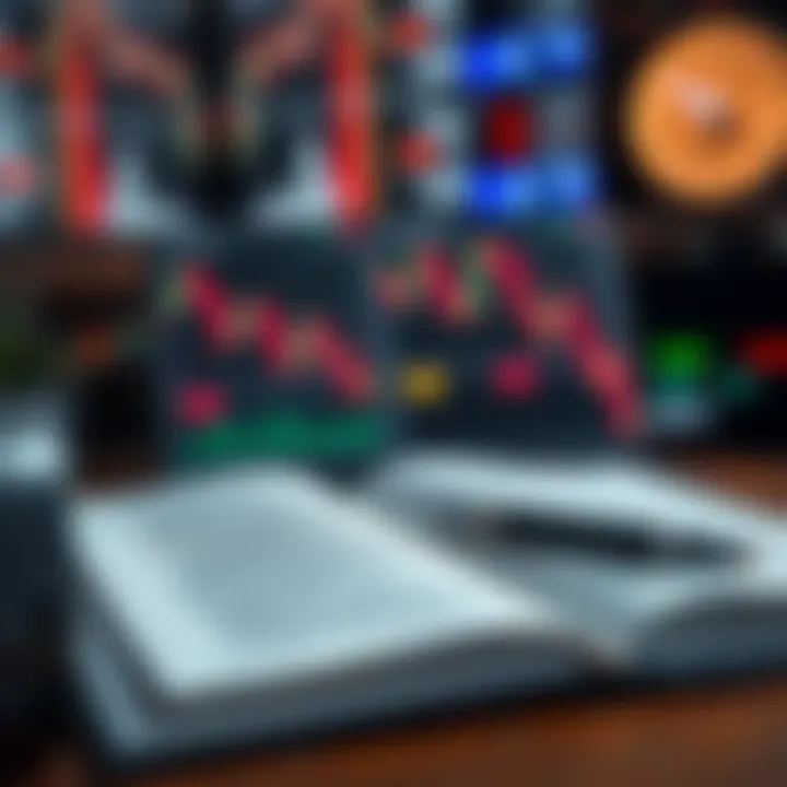 Open book displaying forex charts and trading strategies with a pen nearby