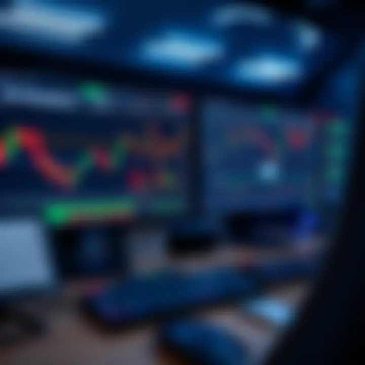 Forex trading workspace featuring computer screens with risk management graphs and demo account dashboard