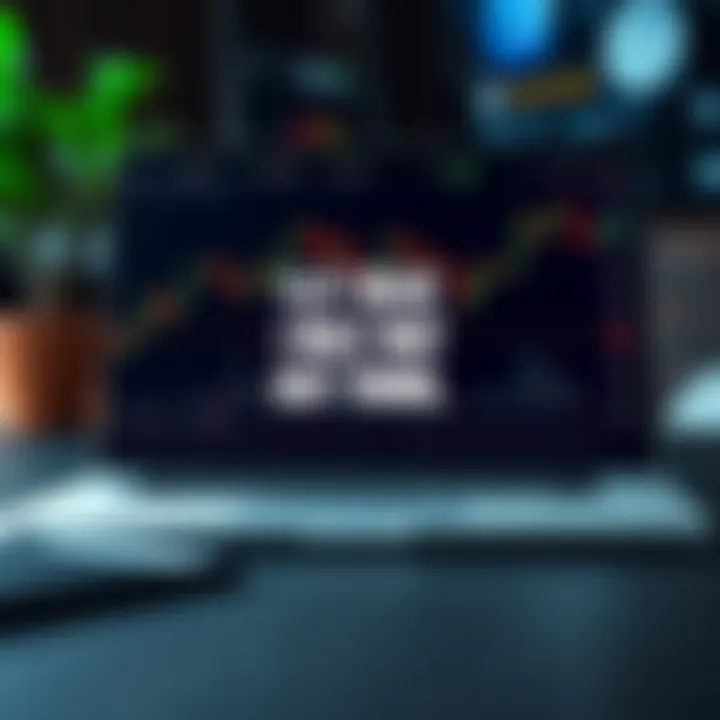 Customizable forex trading wallpaper showcasing candlestick charts and motivational quotes on a laptop screen