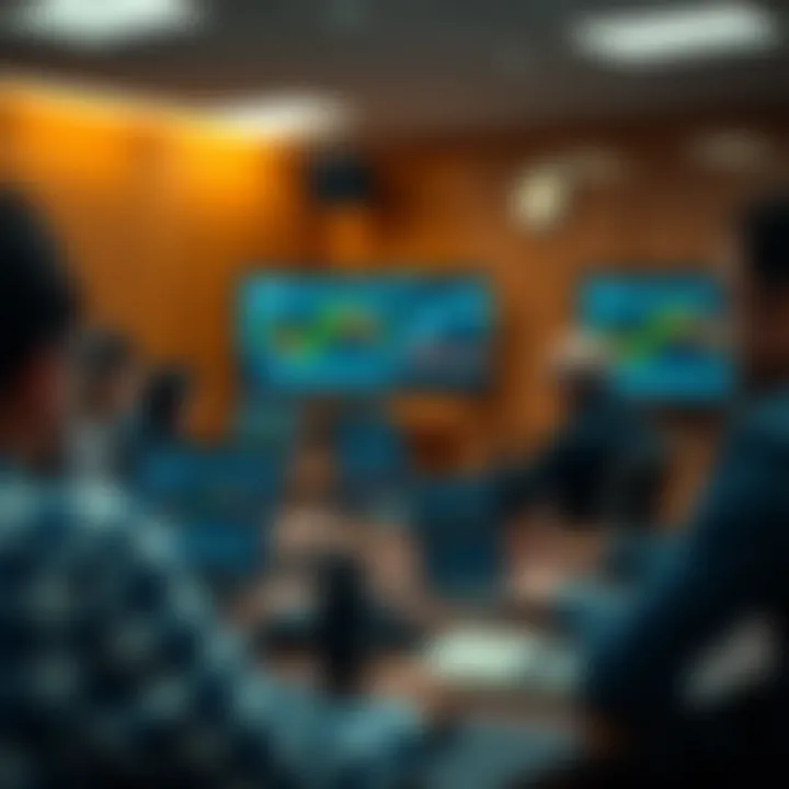 Classroom setting with students engaged in forex trading course using laptops and charts