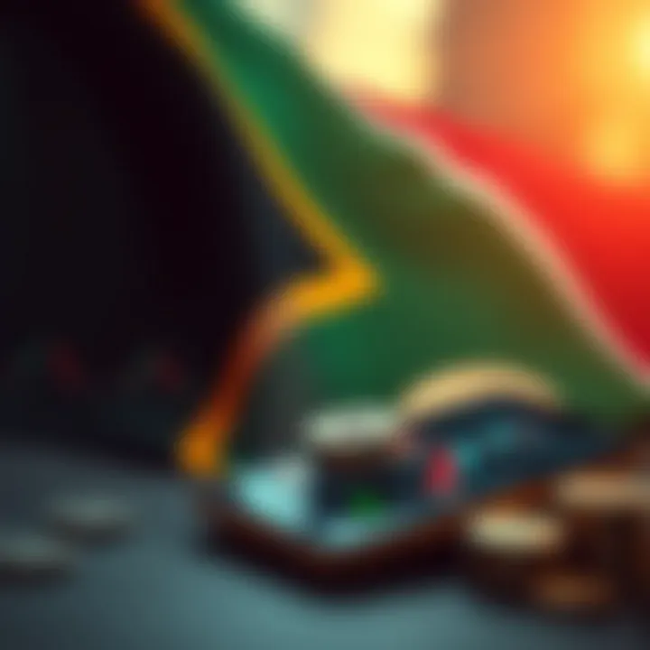 South African flag with forex trading symbols and a mobile phone depicting local trading environment