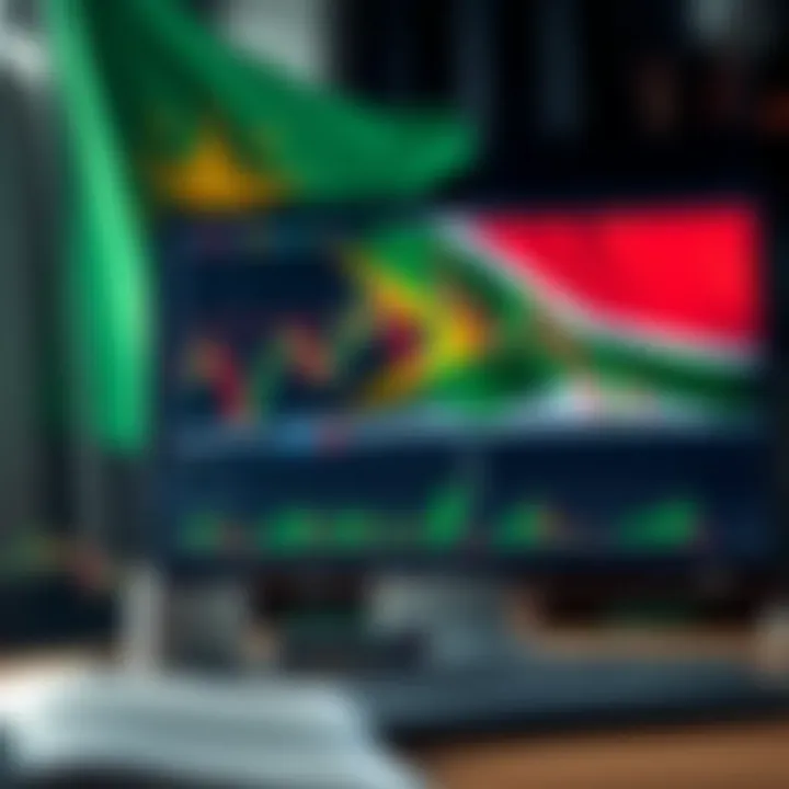 Forex Trading Platform Interface with South African Market Focus Computer screen displaying forex trading charts and graphs on trading platform with South African flag in background