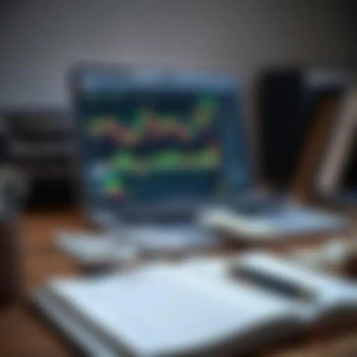 Desk setup with trading journal, laptop showing forex graphs, and currency notes