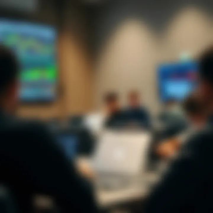 Classroom setting with students learning forex trading strategies on laptops