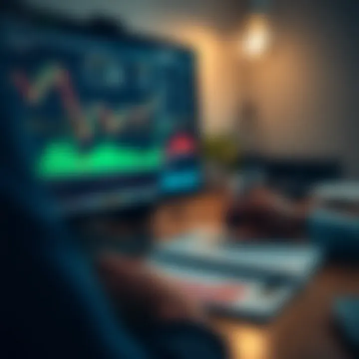 Practical Forex Trading Training and Market Analysis Close-up of a person analyzing forex charts on a computer with notes and a calculator nearby