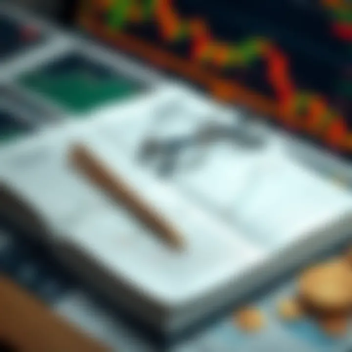 Open book with forex market charts and currency symbols displayed alongside a pen and reading glasses