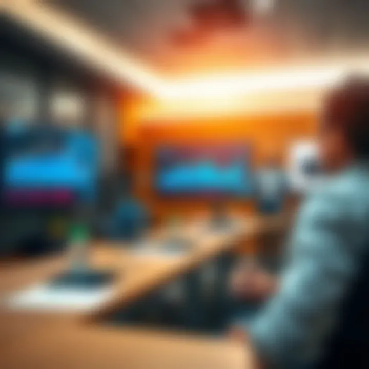 Classroom setting with trading charts and a mentor explaining forex market strategies