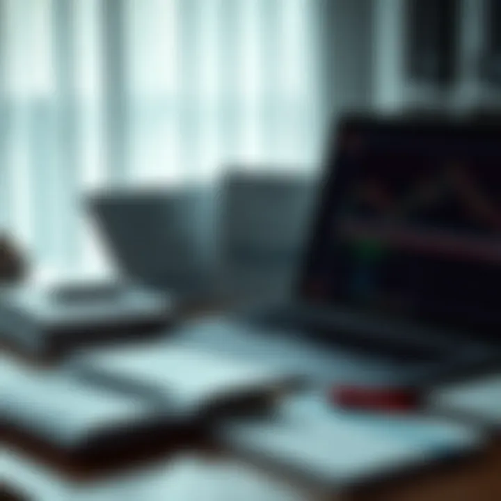 Collection of forex training materials including PDFs, notebooks, and a laptop on a desk