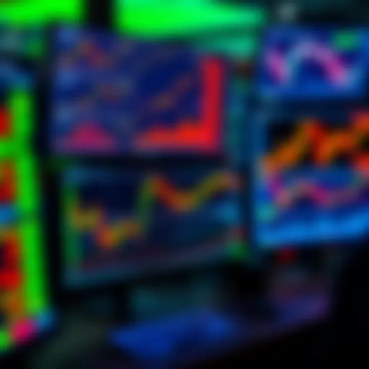 Digital workspace with multiple monitors displaying colorful forex trading charts and graphs