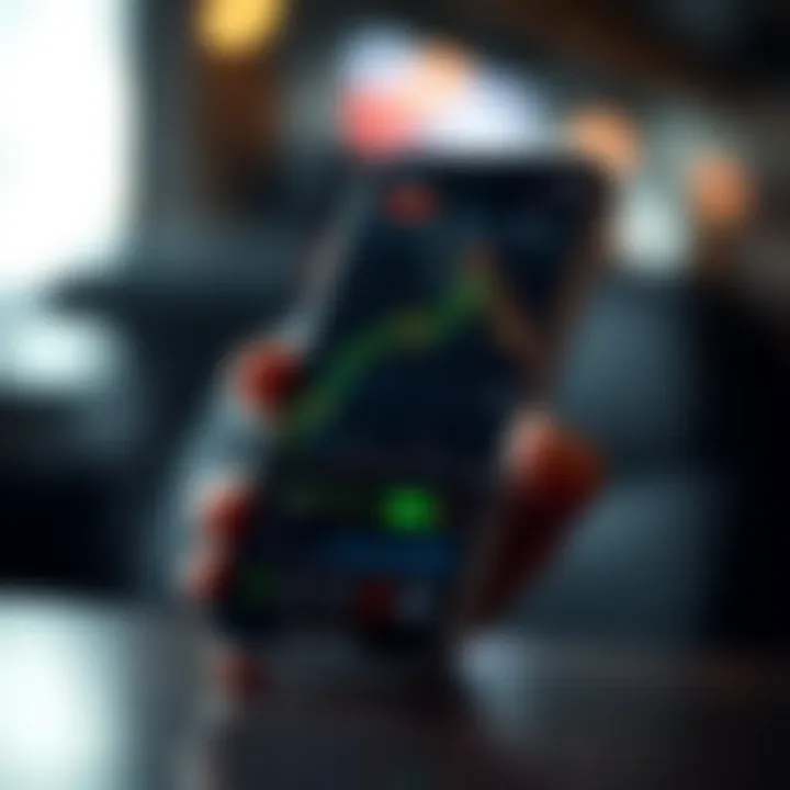 Smartphone displaying forex trading app interface with currency charts and market data