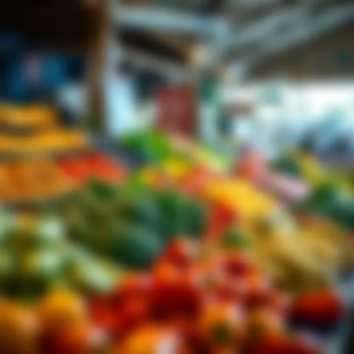 Fresh fruits and vegetables neatly displayed at Park Meadows market under natural light