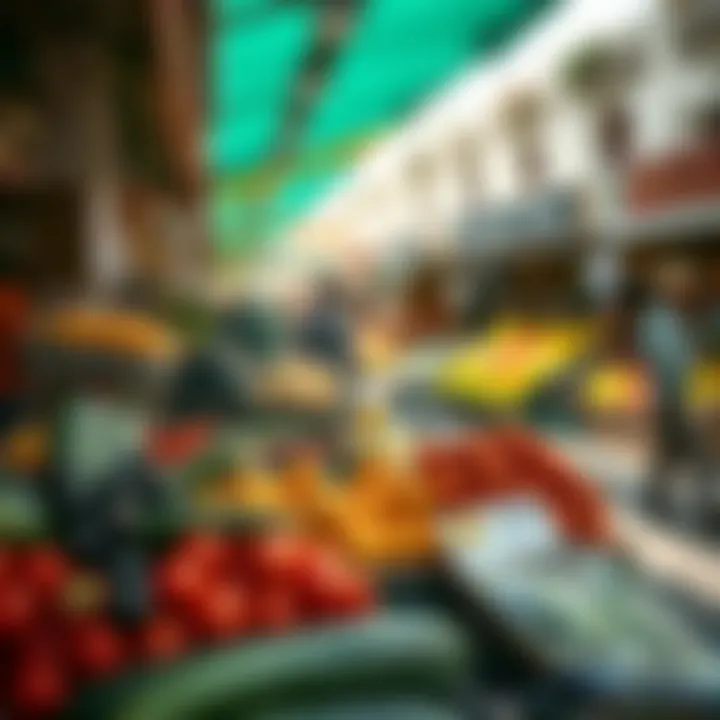 Fresh fruits and vegetables displayed at a vibrant market stall during morning hours