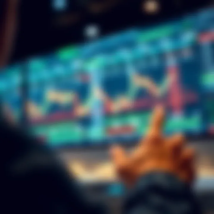 User interacting with virtual trading software showing currency pair fluctuations and risk management tools