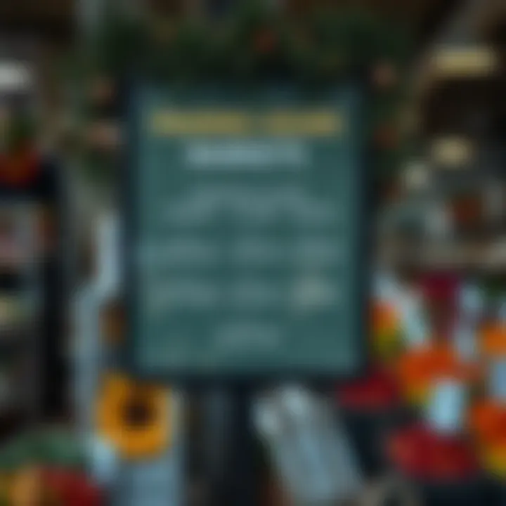 Signboard showing operating hours of Kenilworth fruit and vegetable markets with seasonal decorations