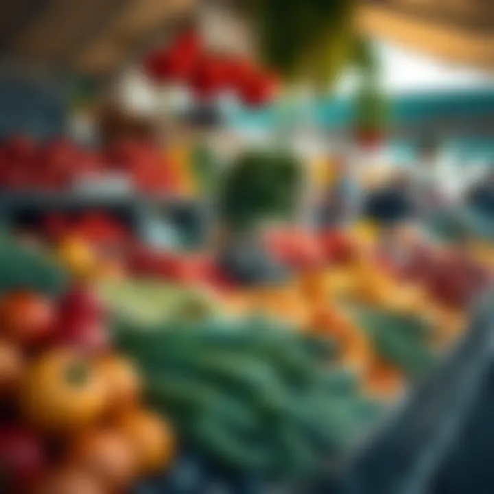 Fresh fruits and vegetables neatly displayed at a vibrant outdoor market stall in Knysna under bright daylight