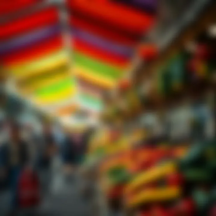 Colorful stalls and shoppers browsing fruits and vegetables in a lively Knysna market setting