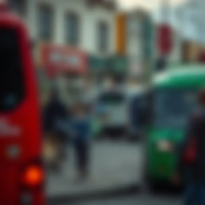 Public transport vehicles and shoppers at peak activity time in Athlone commercial area
