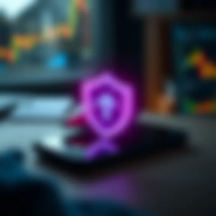 Secure mobile device with shield icon representing safety while downloading trading applications