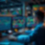 Illustration of a forex trading coach providing strategy guidance to a trader analyzing charts on multiple screens