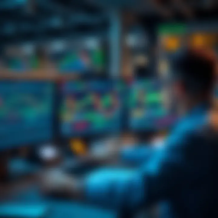 Forex Trading Coach Guiding Strategy Development Illustration of a forex trading coach providing strategy guidance to a trader analyzing charts on multiple screens