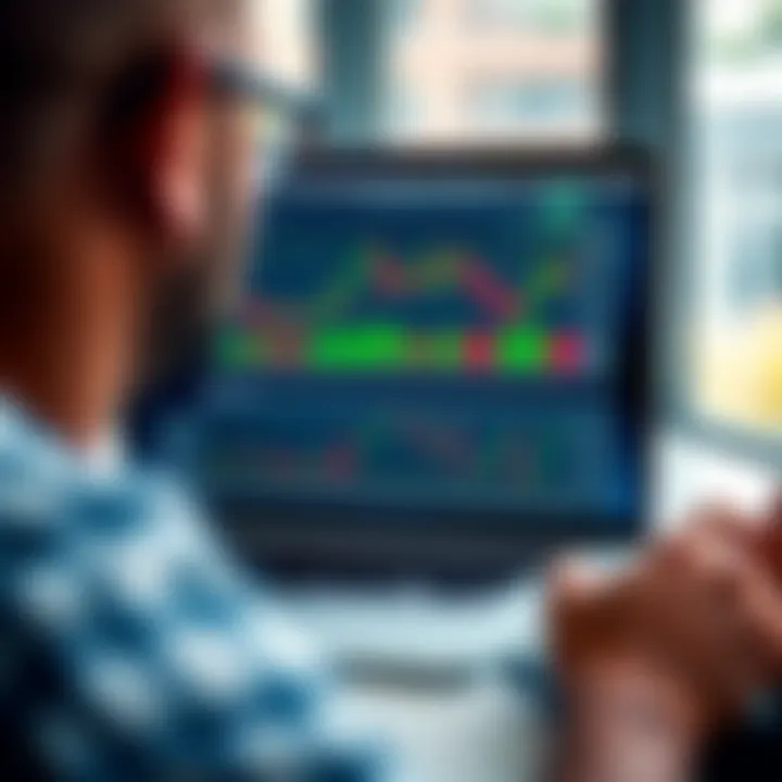 Digital illustration of a laptop screen displaying forex trading charts and educational content