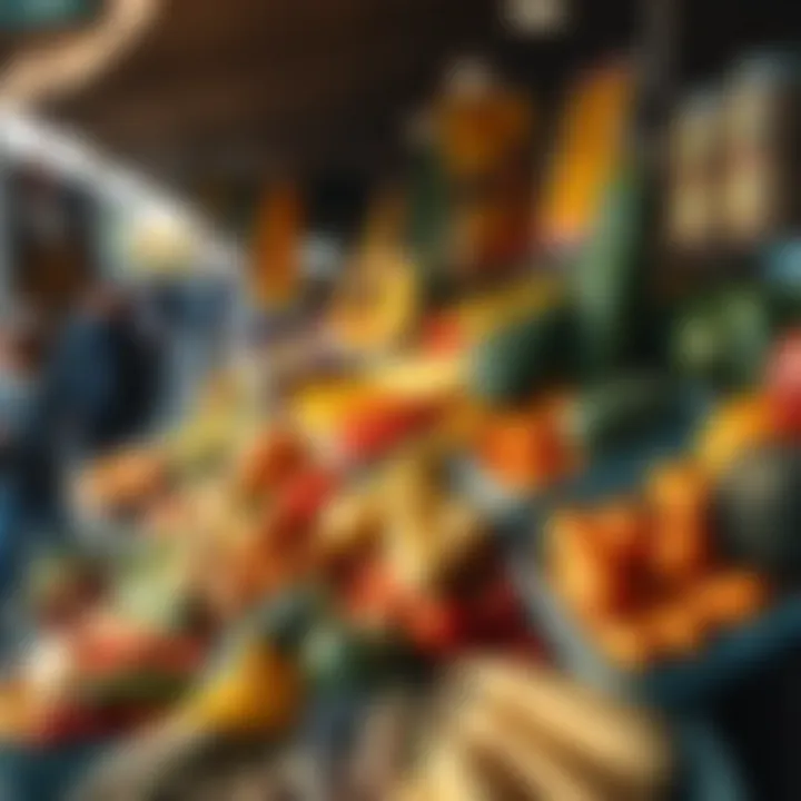 Fresh fruits and vegetables displayed at a bustling South African market in the early morning light