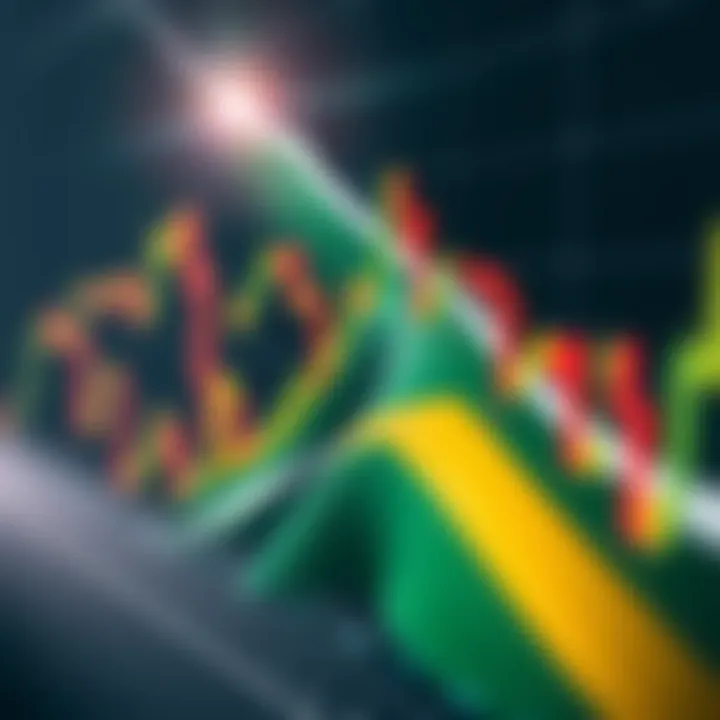 Graph showing fluctuating financial market trends with South African flag overlay