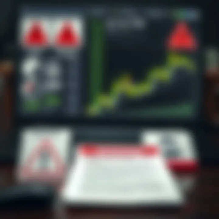 Illustration showing warning signs of forex trading scams with symbols like alert icons and suspicious documents