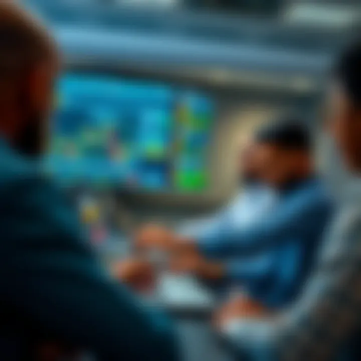 Group of traders engaging in a dynamic forex seminar with charts and laptops