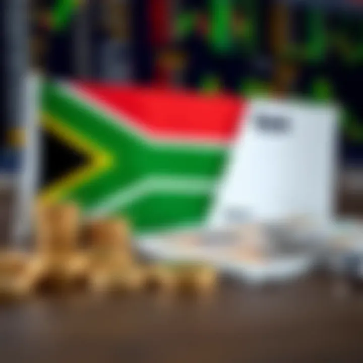 Graphic showing South African flag alongside forex currency symbols and tax forms