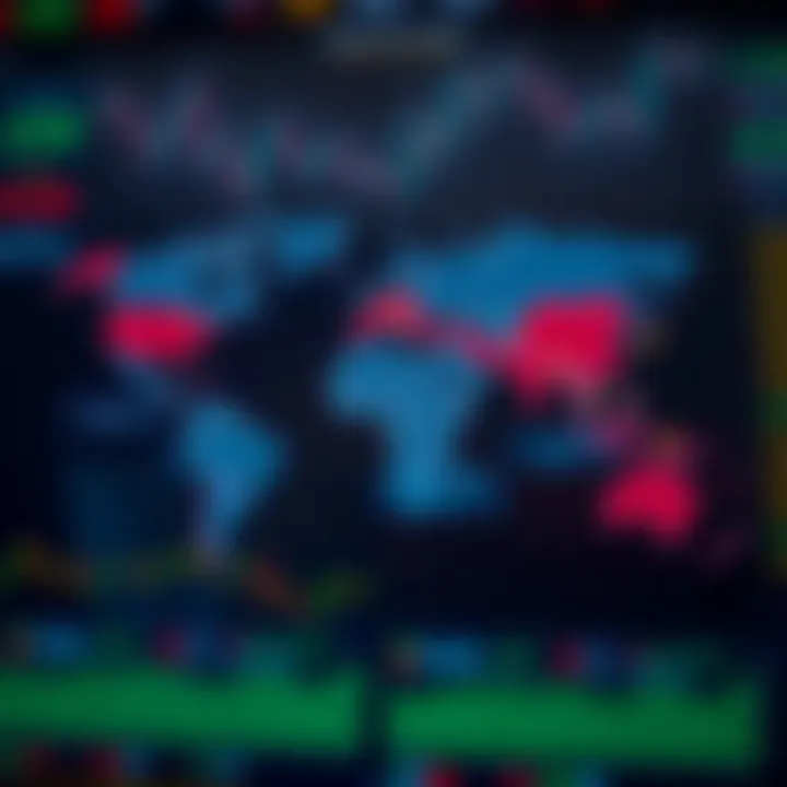 World map highlighting major global forex trading sessions with distinct time zone colors