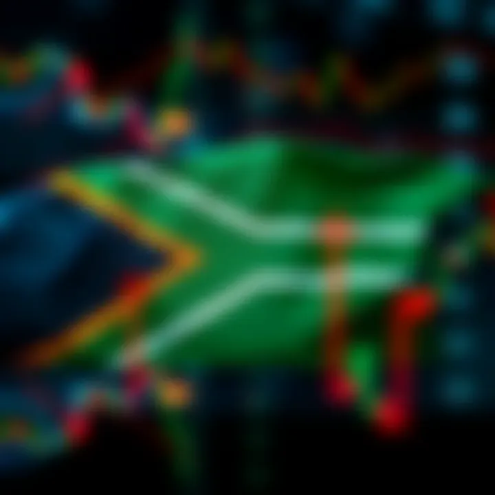 South African flag overlay with forex trading symbols and upward trend arrows