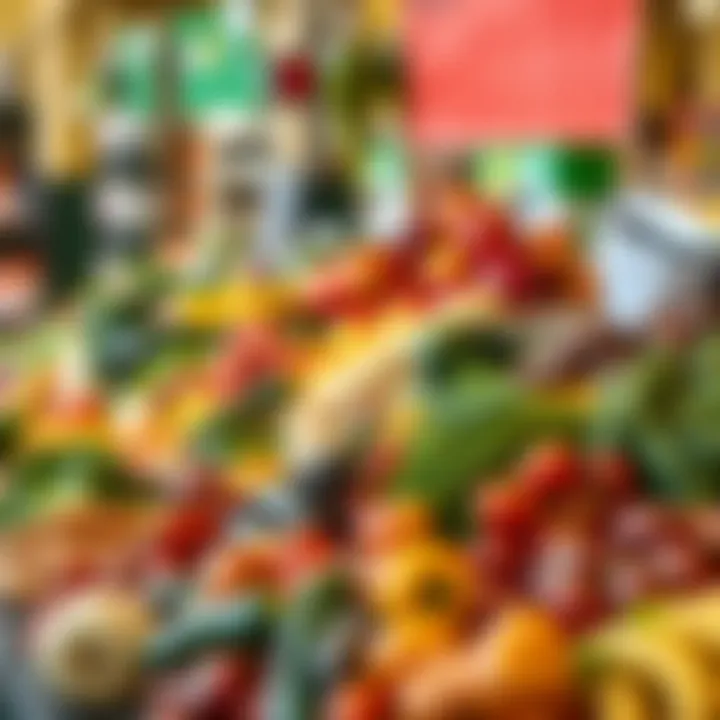 Fresh vegetables and fruits displayed at a vibrant park market with natural daylight