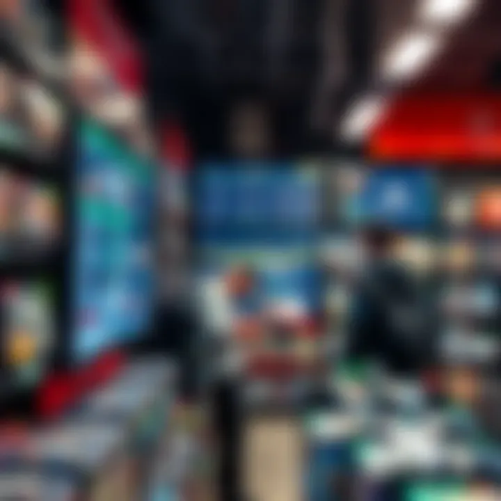 Customer browsing a variety of gaming products inside a retail game store with shelves stocked and a digital screen showing holiday notices